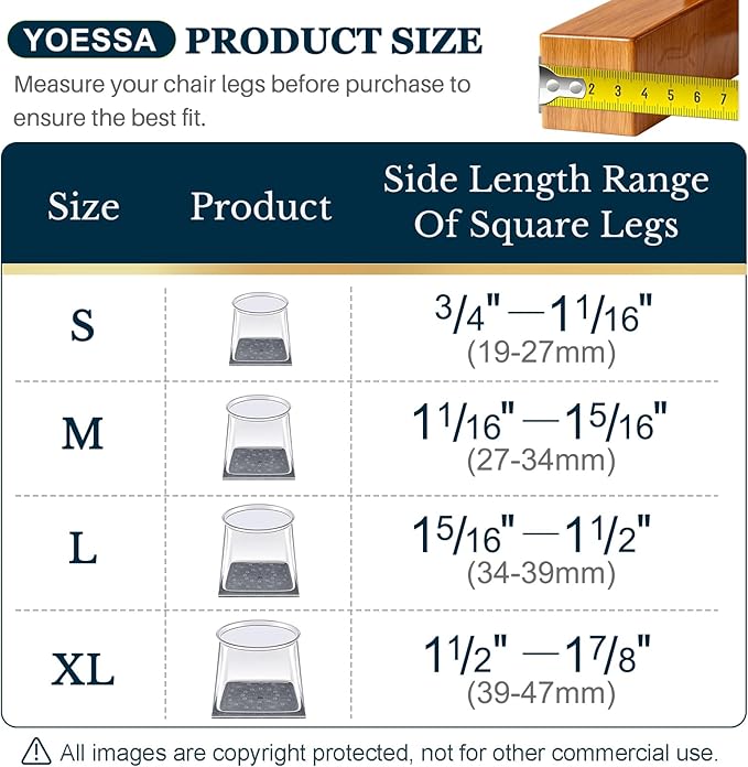 32 Pcs Square Chair Leg Floor Protectors for Hardwood Floors, Silicone Felt Furniture Leg Pads caps Covers, Floor Protectors for Chairs, Anti-Scratch & Noise-Reducing (XL Fits: 1-1/2" to 1-7/8")