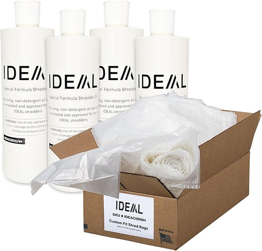 IDEAL Maintenance Combo Pack AC0920H Heavy-Duty Shredder Bags 20”x47”, Case of 80, 40-Gallon, Gusseted+ High-Cling Lubricating Shredder Oil 4x1-Pint Bottles, IDEACCED21/4H. Fits 2503/2604/3104/3105