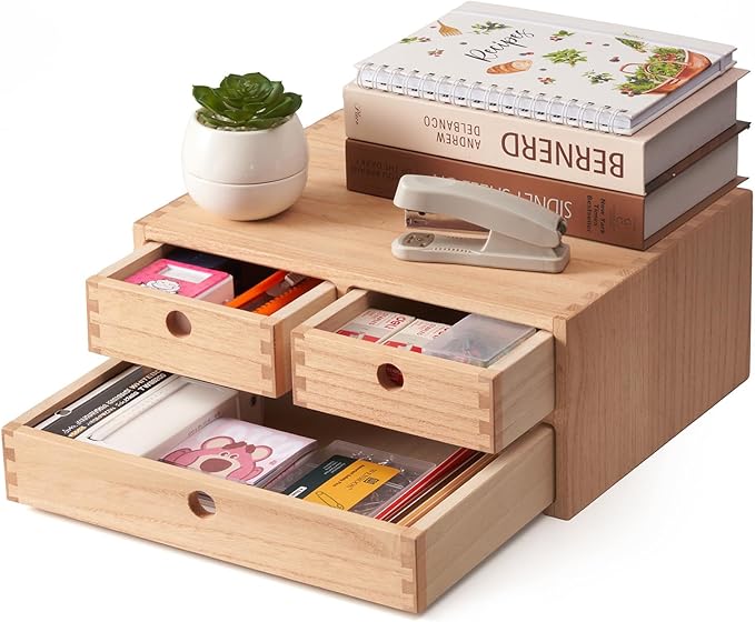 Kirigen Natural Wooden Desktop Organizer - Office Supplies Filing Tidy Storage Shelf - Storage Cabinet/Jewelry Organizer with 3 Drawers (NA, 2-Layer &3 Drawers)