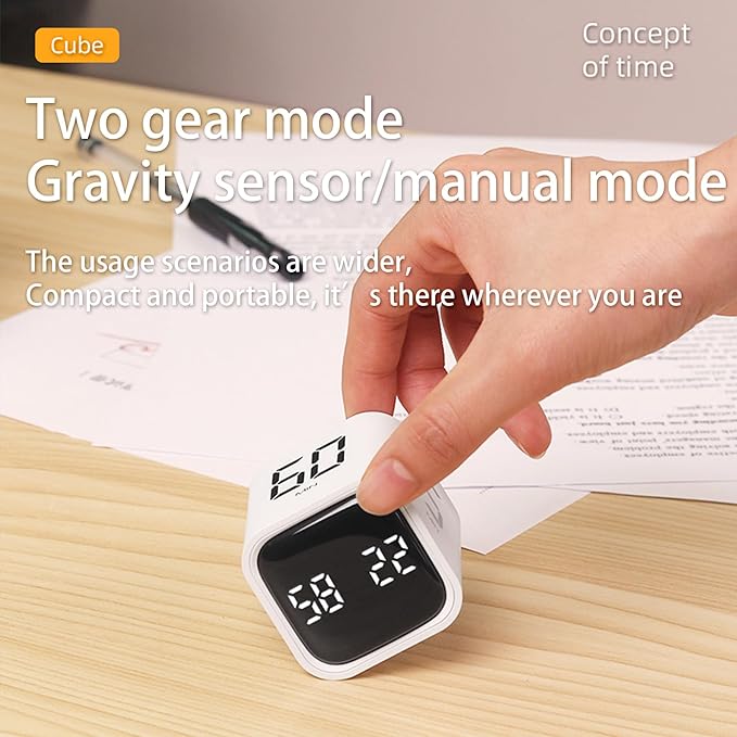 VEWINGL Cube Productivity Timer, 5/10/30/60 Min Presets + Custom Countdown, Silent/Vibrate/Sound Alarm, Pause & Resume, Desk Timer for Work, Study, Tasks, Kitchen