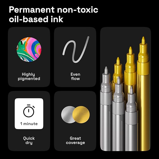 ARTISTRO 6 Acrylic Gold & Silver Paint Pens - 0.7mm Extra-Fine Markers - Great for Greeting Cards, Ornament Decor, & More