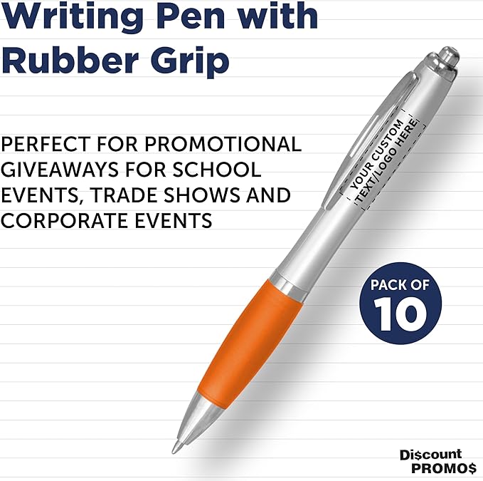 DISCOUNT PROMOS Personalized Ballpoint Pens With Rubber Grip, 10 pack Customizable Ergonomic Click-to-Write Custom Writing Pens for School with Black Ink, Orange