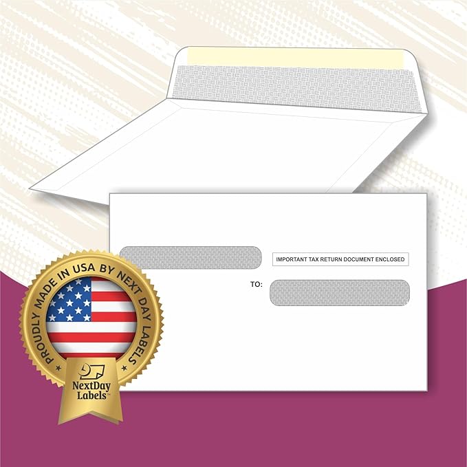 NextDayLabels - W-2 Tax Forms Double Window Security Envelopes, (Pack of 100 Self Seal Envelopes)