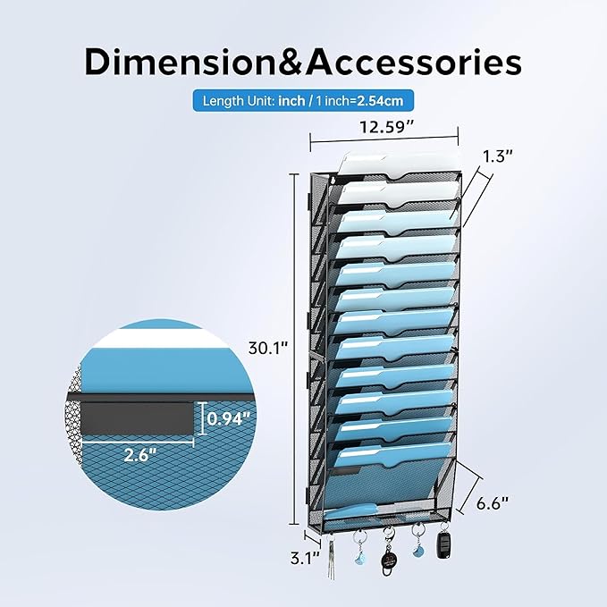 SUPEASY 13-Tier Wall File Organizer, Wall File Holder with Hooks, Mesh Hanging File Organizer, Mail Organizer Wall Mounted for Papers, Folders, Office Magazine Rack, Assembly Needed, Black