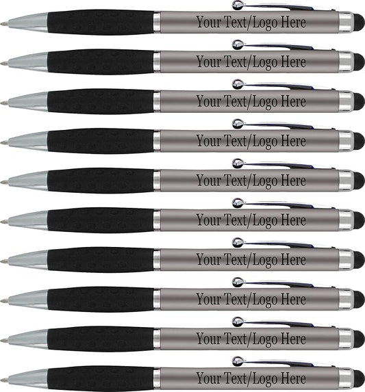 SyPen Personalized Pens With your Custom Logo or Text-600 Pack Bulk-for Businesses, Parties, and Events, 2 in 1 Ballpoint Pen & Stylus Compatible with Touchscreen Devices, Grey Barrel, Black Ink