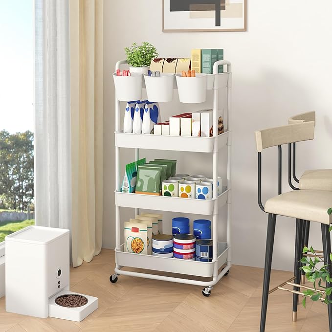 JIUYOTREE 4-Tier Plastic Rolling Storage Cart Utility Cart with Extra Hanging Cups Handles Lockable Wheels for Living Room Bathroom Kitchen Office White