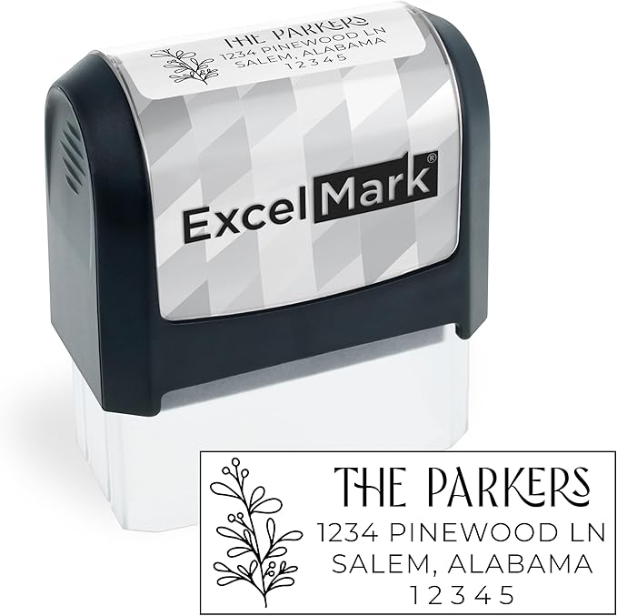 ExcelMark Address Stamp - Custom Return Address Stamp with Elegant Designs, Vibrant Colors & Patterns – Perfect for Mail, Invitations & Gifts (Black Mount, Foliage Edge)