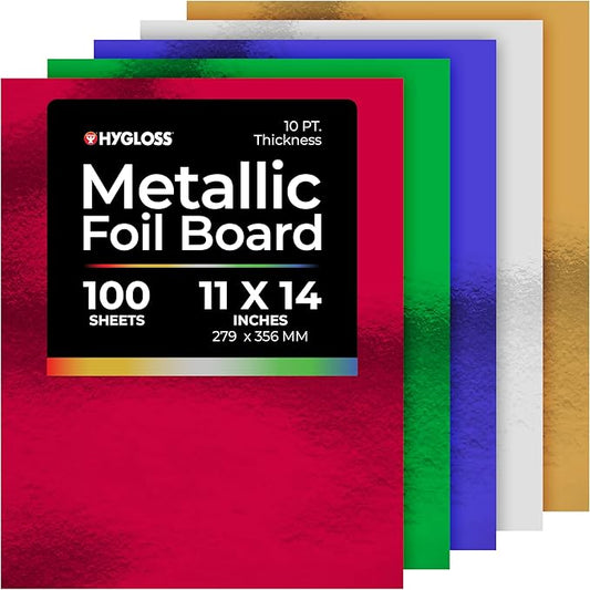 Hygloss Products Metallic Cardstock Sheets - 100 Sheets, 11” x 14” - 5 Assorted Colors - Sturdy 10 pt. - Foil Paper for Crafts, Scrapbooking, Posters & Decorations