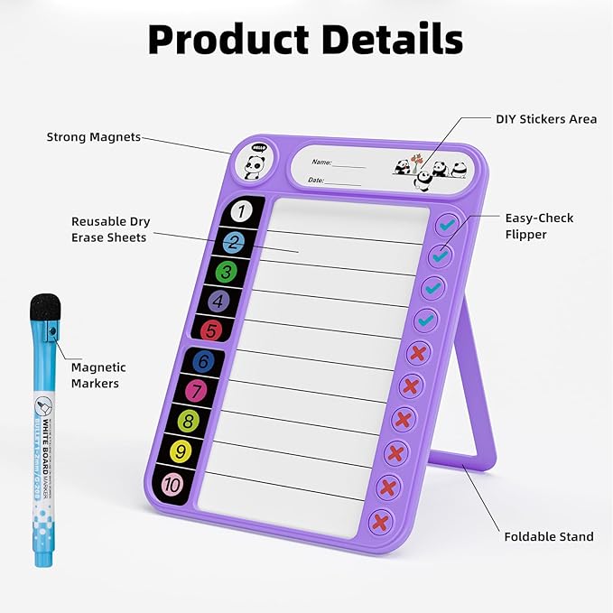 Magnetic Chore Chart for Kids, ADHD Task Tracker Easy-Check Routine Dry Erase Board, to-Do List Planning Tool with Stand for Fridge/Desk/Home/School, 6 Reusable Sheets, 2 Markers Purple