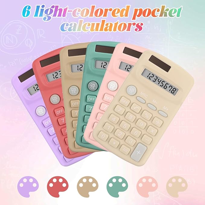 Tellegloww 18 Pcs Pocket Size Basic Calculators Bulk for Classroom Solar Battery Dual Power Display Calculator 8 Digit Colored Basic Calculator for Kids Student School Office