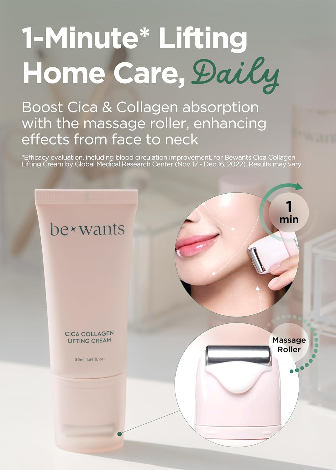 Bewants gua sha neck cream roller, korean neck cream with massage roller, rapid lift neck serum roll on, moisturizer for tightening skin with centella asiatica (1 Pack)