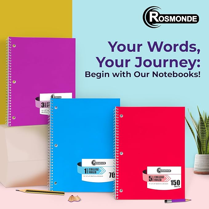 Rosmonde 3 Subject Notebook College Ruled, 12 Pack, 150 Sheets(300 Pages), No-Bleed Paper, 3 Hole Punched, 8x10-1/2, 3 Subject Spiral Notebook for School, Home & Office, Assorted Colors