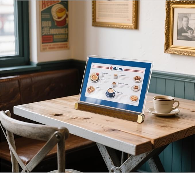 8.5 x 11 Menu Holder, Acrylic Table Menu Stand, Classic Wooden Sign Holder, Double Sided Display Table Top Paper Holder, for Bar, Cafe, Restaurant, Store, Certificate, Document (Horizontal, 6pack)