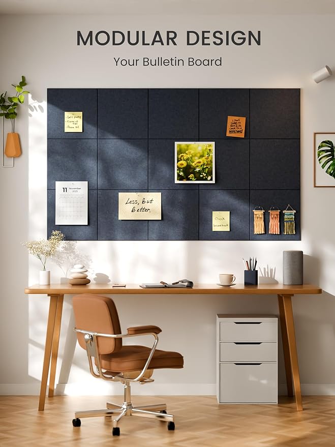 Bumusty Large Cork Board 36"x24" Alternative - 6 Pack Felt Wall Tiles with 40 Safe Removable Adhesive Tabs, 30 Pushpins, Cork Boards for Walls Pin Board Bulletin Board (Deep Charcoal Blue)