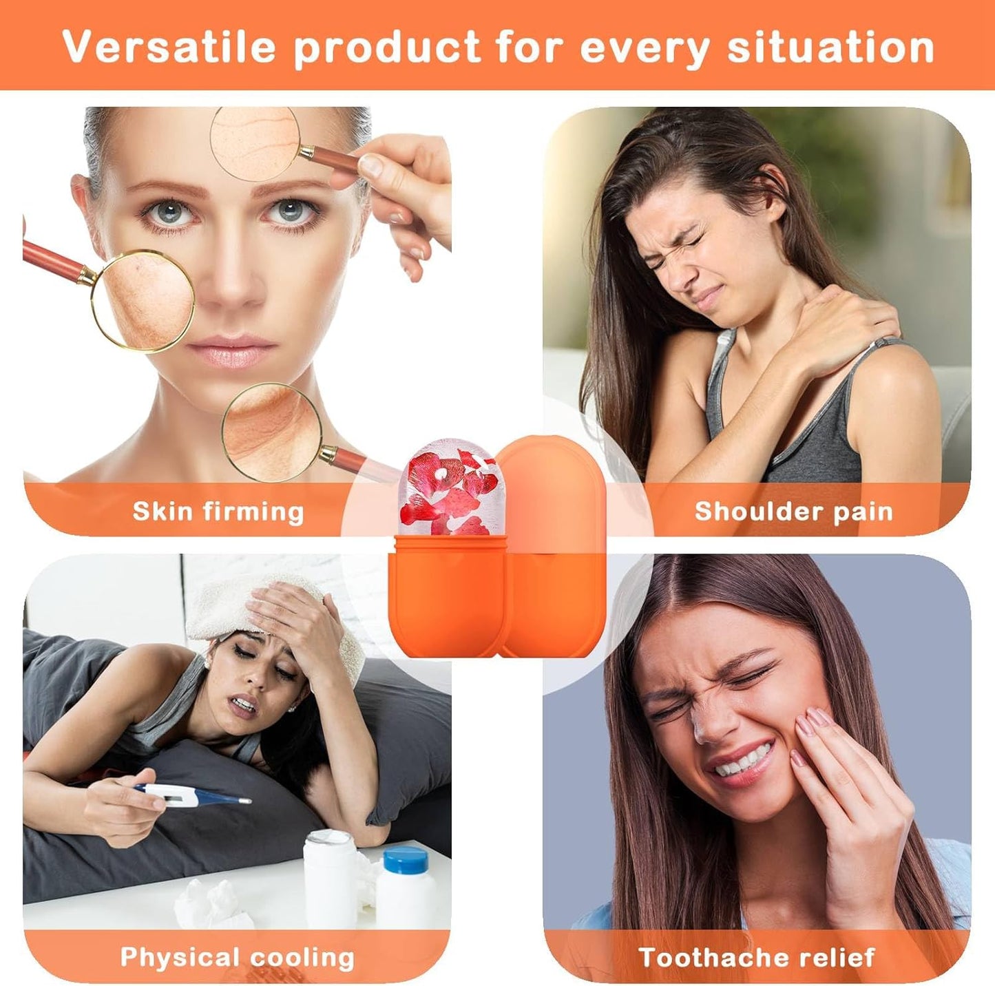 KOGITI Face Ice Roller & Mold - Beauty Facial Massage Tool for Puffiness Relief, Ice Cube Holder (New-Orange)