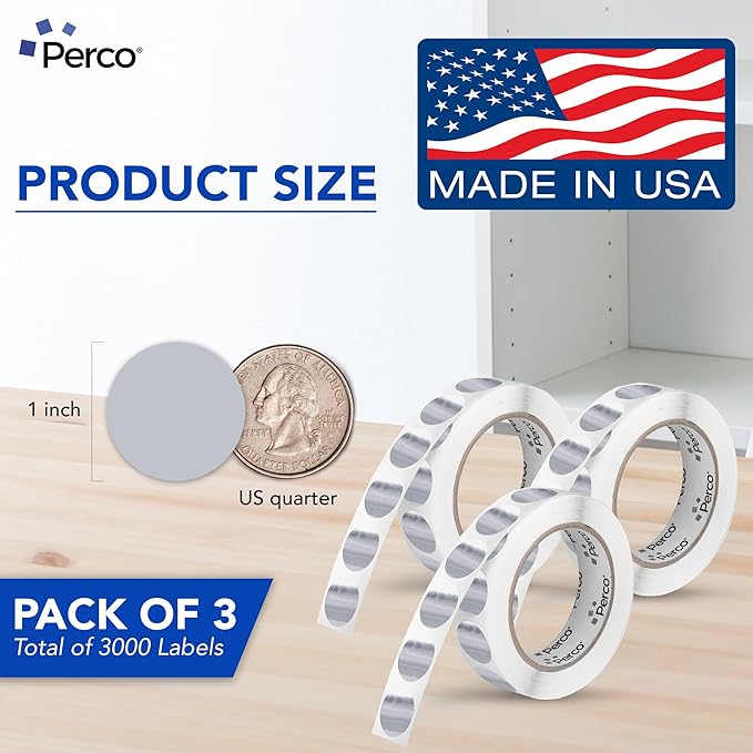 Perco Metallic Silver 1" Round Circle Dot Sticker Labels for Wedding Invitations - Multi-Roll Pack (3 Rolls, 1,000 Labels Each) Permanent Adhesive, Vibrant Colors, Perforated for Easy Use, Made in USA