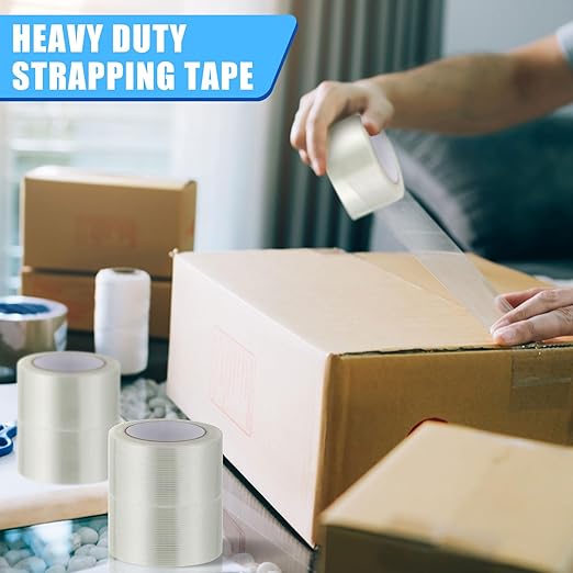Treela 50 Rolls Strapping Tape 2 Inch X 60 Yards 5.5 Mil Fiberglass Filament Tape Transparent Reinforced Heavy Duty Packing Strips for Shipping Sealing Binding Fixing