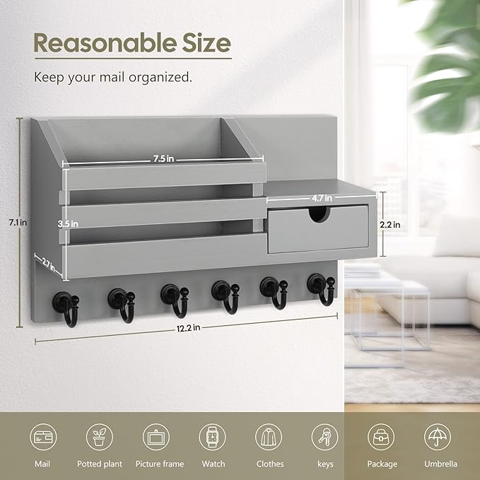 FifthQuarter Key and Mail Holder for Wall, Mail Organizer Wall Mount with 6 Hooks and Storage Drawer, Easy Installation Key Rack for Entryway and Home Decor (A-Grey)