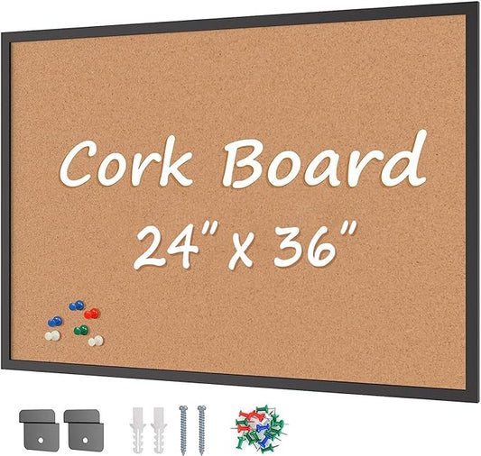 Board2by Cork Board Bulletin Board 24 x 36, Black Wood Framed 2x3 Corkboard, Office Board for Wall Cork, Large Wall Mounted Notice Pin Board with 16 Push Pins for School, Home & Office