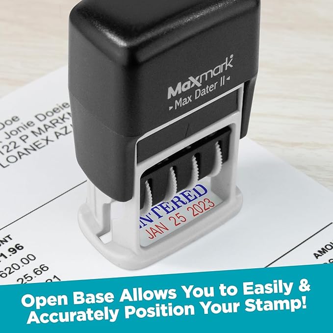 MaxMark Self-Inking Rubber Date Office Stamp with Due by Phrase & Date - Black Ink (Max Dater II), 12-Year Band