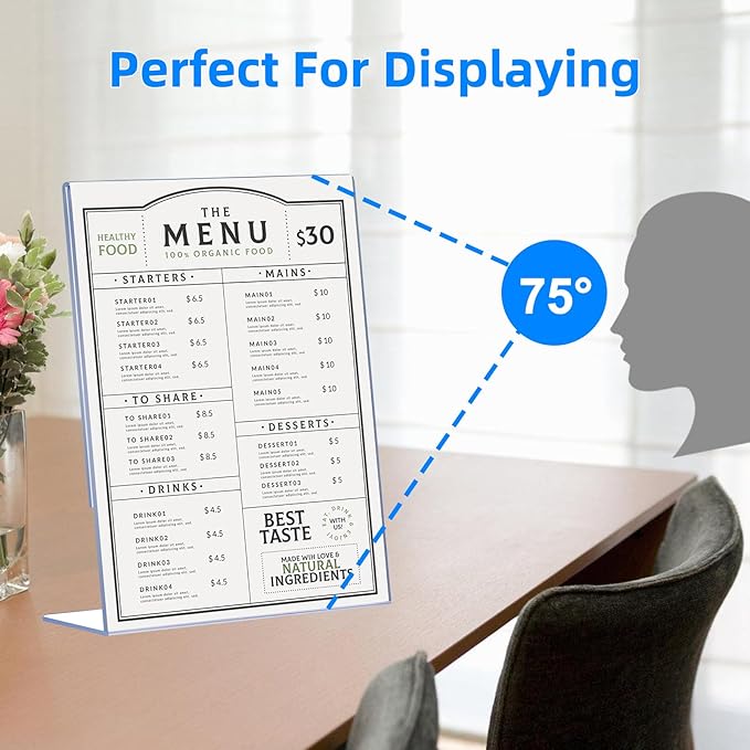 DECOHOBO 30 Pack Acrylic Sign Holder 8.5 x 11, Clear Plastic Display Stands for Tabletop, L-Shape Acrylic Stands for Flyers, Documents, Office, Restaurants, Vertical Sign Holder 8.5x11 for Desktop