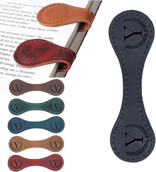 Personalized Magnetic Leather Bookmark, 26 Letters Custom Leather Bookmarks, Handmade, Leather Magnetic Bookmark for Book Lovers Readers Women Kid(Black，Y）