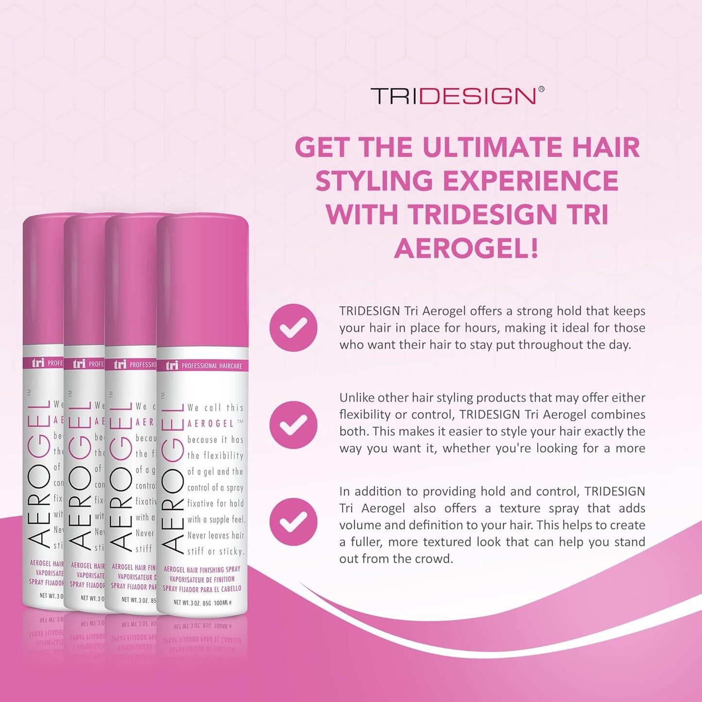 TRI Design Aerogel Hairspray - Strong Hold Hair Finishing Spray for Volumizing & Control, Flexible Styling for All Hair Types, Non-Sticky and Scented - For Women and Men - Travel Size Pack of 4 (3 Oz)