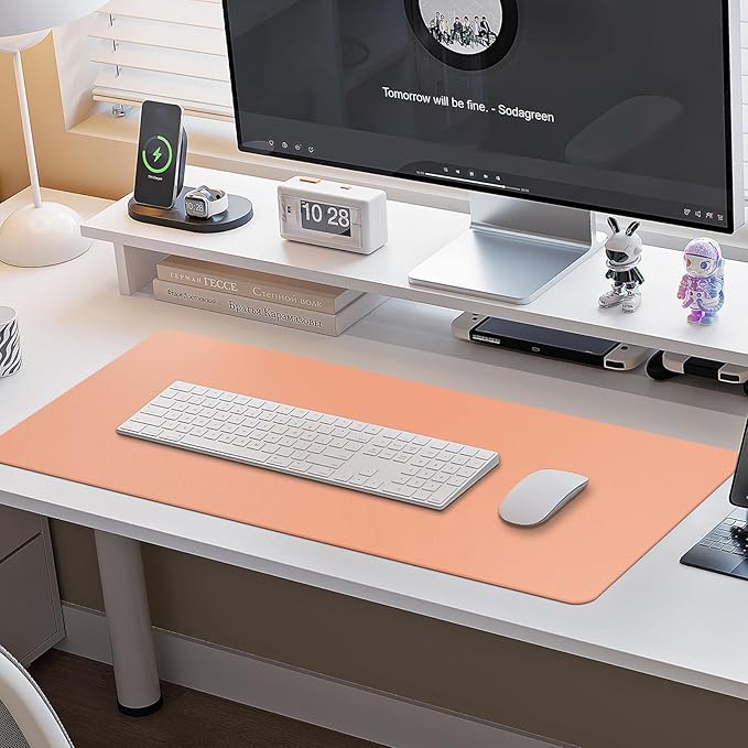 Boutilon Leather Desk Pad Protector,Non-Slip Mouse Pad,Laptop Desk Pad,Office Mouse Mat,Waterproof Leather Desk Blotter,Desk Writing Pad for Office and Home (XXL-Orange Pink,47.2"x 17")