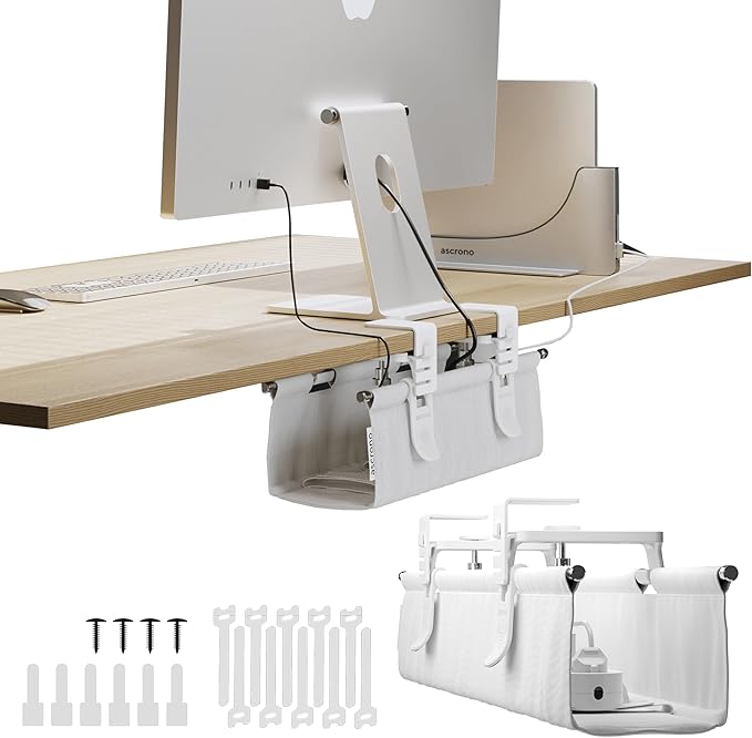 Ascrono Original No Drill Under Desk Cable Management Tray 14.1" - Premium White Fabric Cable Management Under Desk - Clamp/Screw Mount Cord Organizer - Supports Upto 66lbs