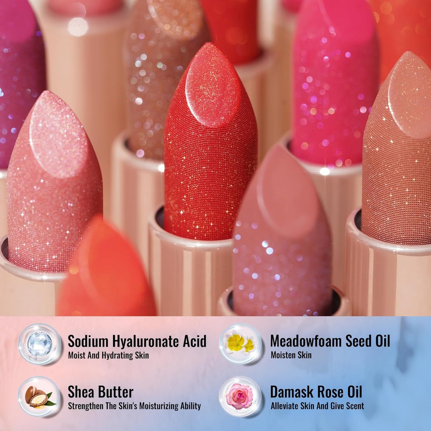 Oulac Blue Purple Glitter Lipstick, Infinity High Shine Finish, Hydrating Lip Color Infused with Damask Rose Oil for All-Day Comfort, Gluten-Free Vegan Beauty, D01 Sapphire