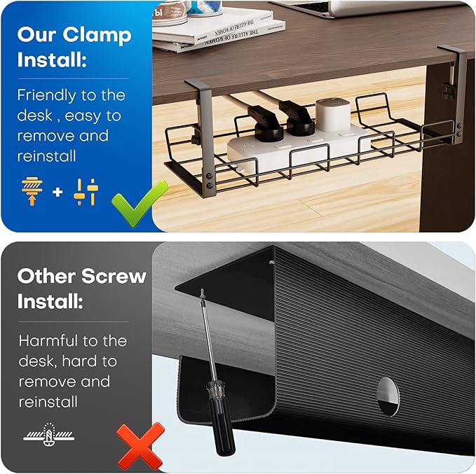 No Drill Under Desk Cable Management Tray, Desk Wire Management Cable Tray Sturdy Metal Wire Organizer Under Desk Basket for Office and Home Standing Desk -Black
