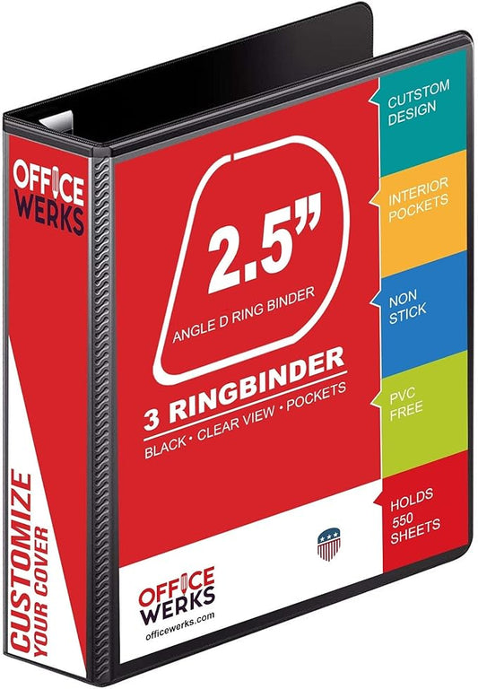 3 Ring Binder, 2.5" D-Ring, Holds 8.5" x 11" Pages, Heavy Duty Clear View Cover, Durable Spine (3.2"), Presentation Binder with Pockets – Black