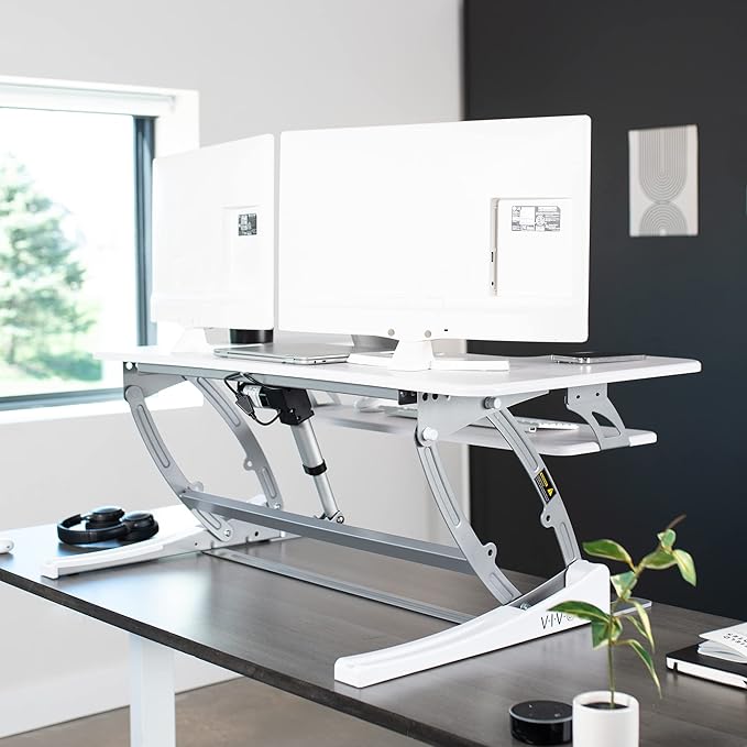 VIVO 36 inch Height Adjustable Stand Up Desk Converter, V Series, Quick Sit to Stand Tabletop Dual Monitor Riser Workstation, White, DESK-V000VW