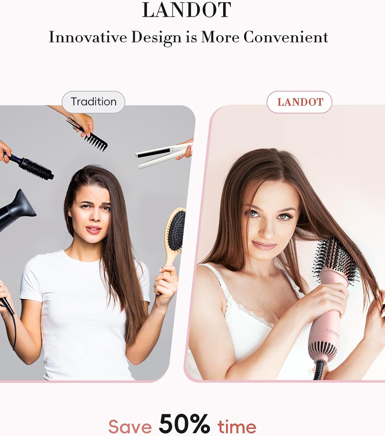 LANDOT Hair Blow Dryer Brush: One-Step Hot Air Brush with 60mm Oval Barrel - 4 in 1 HairDryer Styler and Volumizer for Drying Straightening Curling Volumizing Hair Fight Frizz and Add Volume