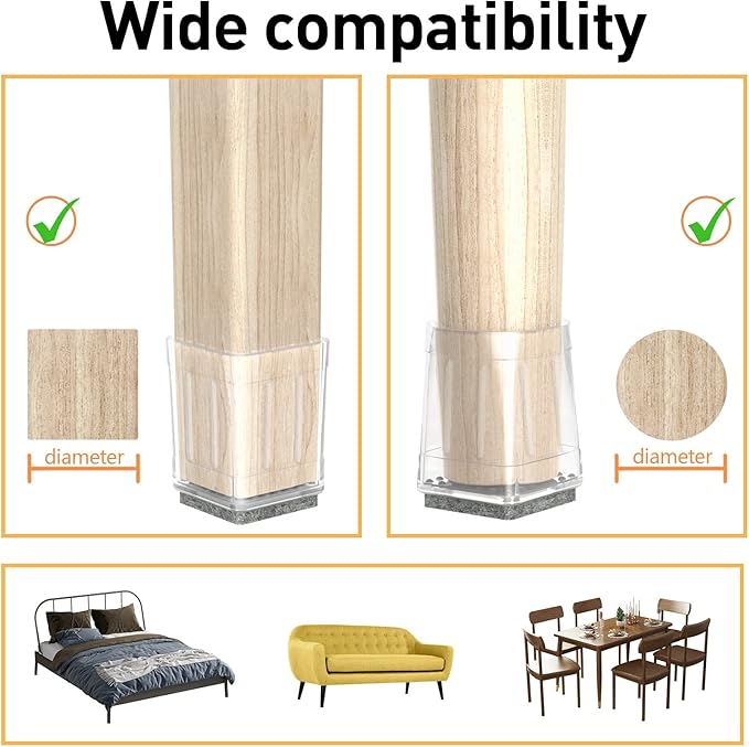 Clear Square Chair Leg Floor Protectors for Hardwood, Furniture Legs Caps, 16Pcs, Fit:2" - 2 1/4".