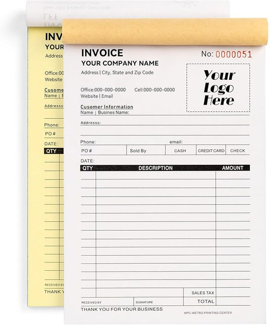 100 Sets Custom 5.7" X 8.5" Invoice Receipt Book, Personalized Duplicate Carbonless Form with Logo/Text, Paper 2-Part/3-Part in Bulk Purchase Orders, Sales Orders, Price Forms (3-Part)