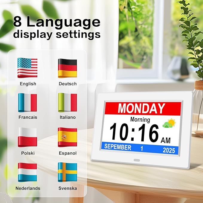 DIWAKREM 7'' Large Display Digital Clock for Seniors, Digital Calendar Alarm Clock for Elderly Clock with Date Day of Week 12 Alarms 4 Colors Desk Wall Clocks for Alzheimers Dementia Auto DST/Dimmer