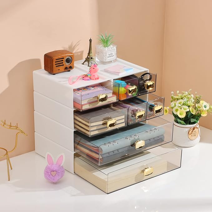 OSteed Spacious Desktop Storage Box, 2 Large Storage Drawers, Stackable Office Desk Drawer Organizer and Accessories, Printer Paper Organizer, White Plastic Drawers for Workspace