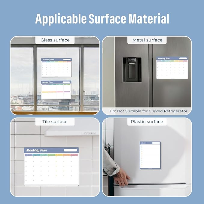 Loukin 17"x11.8" Dry Erase Calendar Set (Monthly+Weekly), Electrostatic Adsorption Whiteboard Planners, Reusable Schedule for Refrigerator, Clings to Any Shiny Surface, 6 Markers & 1 Eraser Included