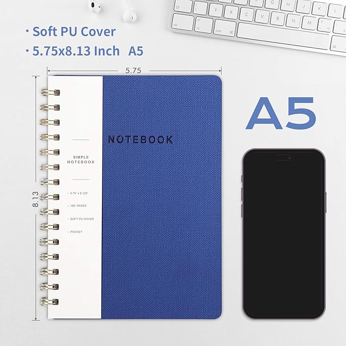 Spiral Notebook-5.75" x 8.125" College Ruled Journal with Inner Pockets and 160 Pages,PU Leather Cover Business Journal, Twin-Wire Binding Notebook Perfect for Office & Home School Supplies Navy Blue