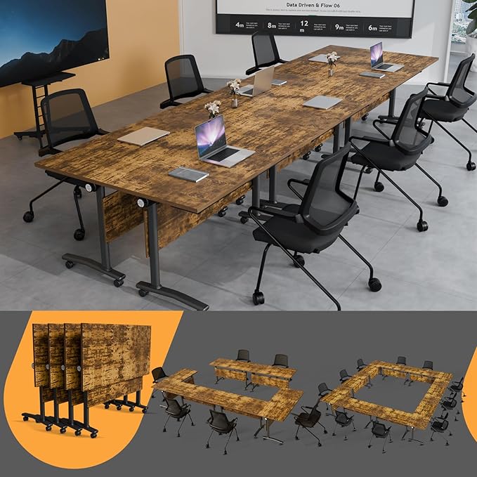 Folding Conference Table 4ft 5ft, Foldable Office Meeting Desk for 6 People, Multiple Sizes Colors Mobile Conference Room Table for Training Room School Business Furniture (4, Brown, 55in)
