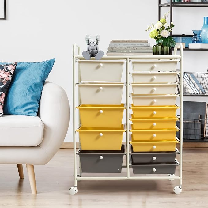 COSTWAY 15 Drawer Rolling Storage Cart, Multipurpose Mobile Storage Organizer w/Removable Drawers & Metal Frame, Utility Tools Paper Organizer on Wheels for Home, Office (Yellow, Beige & Grey)