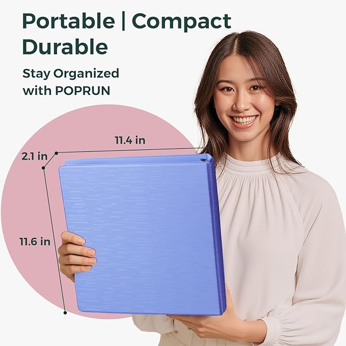 POPRUN 3 Ring Binder 1.5 Inch, PVC-Free, Holds 325 Sheets of 8.5 x 11 Paper, Extra Durable Organizer with 2 Pockets for School & Office, Heavy-Duty, 2 Pack, Cornflower Purple