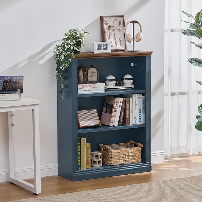RWYHG 43" Blue Tall Bookshelf Set of 2,3-Tier Thick Wooden Book Shelf with Adjustable Shelves,Free Standing Farmhouse Bookcase with Open Display Storage,Floor Vintage Bookshelves for Living Room
