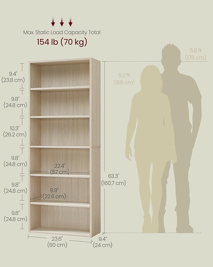VASAGLE Custos Collection - Bookshelf, 6-Tier Bookcase, Book Shelf, Open Storage Shelf, 9.4 x 23.6 x 63.3 Inches, for Living Room, Home Office, Dinning Room, Natural Beige ULBC166L01