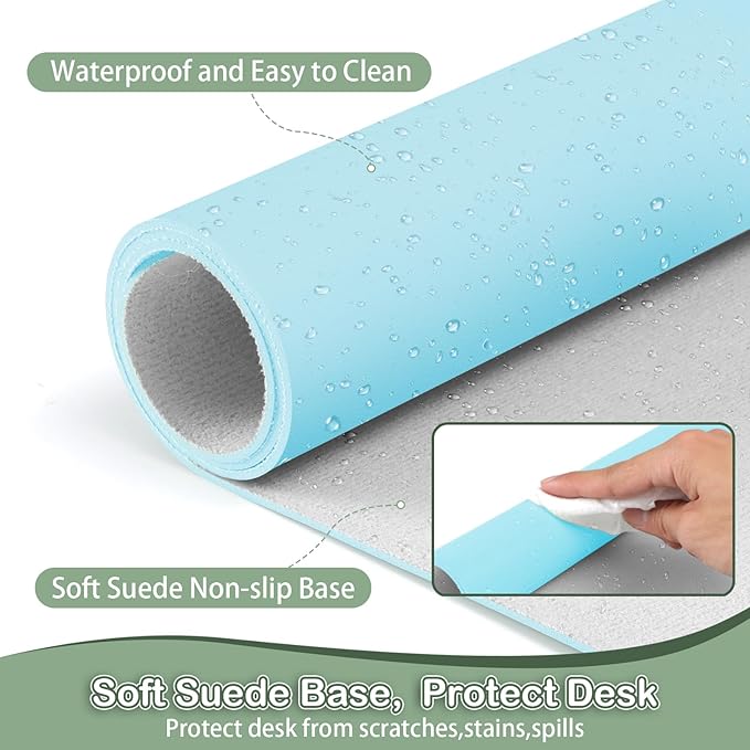 Boutilon Leather Desk Pad 30" x14",Non-Slip Mouse Pad,Office Desk Mat,Waterprooft PU Leather Desk Blotter,Desk Pad Protector,Desk Writing Pad for Home Office Decor (M-Light Blue)