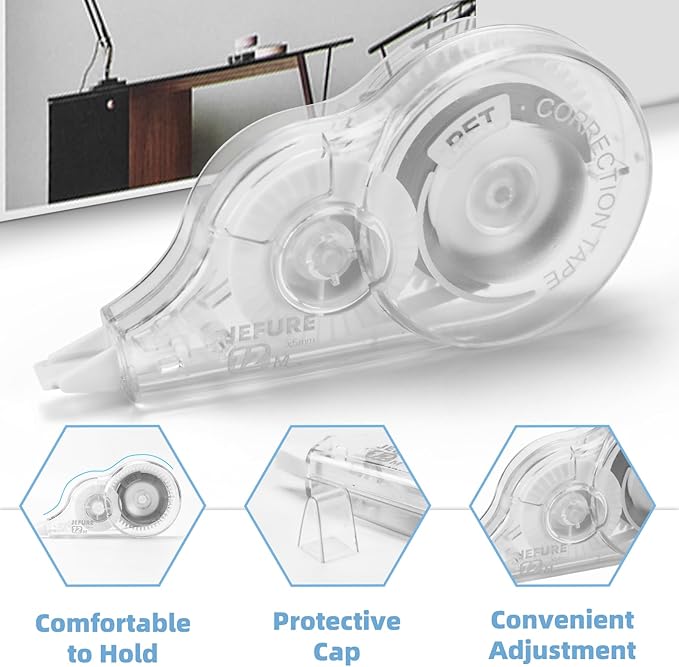 JEFURE 12 Pcs Correction Tape, 39.4 Ft White Wrong Out Tear-Resistant Bulk, Instant Corrections Easy To Use Applicator for School, Office, Note Taking, Journal (Tape Width 0.2 in, Clear)