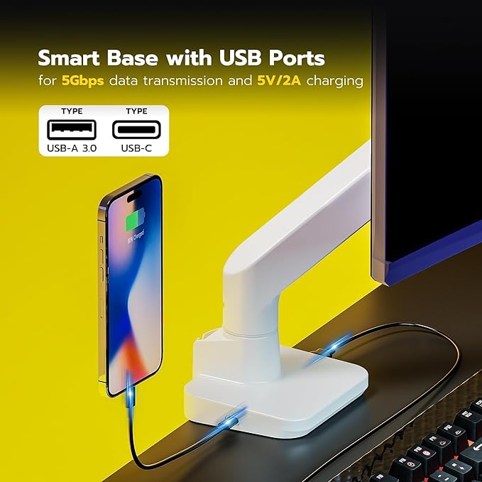 ARES WING Ultrawide Monitor Arms White with USB A/C, Heavy Duty Monitor Arm for 17 to 49 inch Screen, Holds 44 lbs, Adjustable Gas Spring Desk Mount with Clamp and Grommet Base