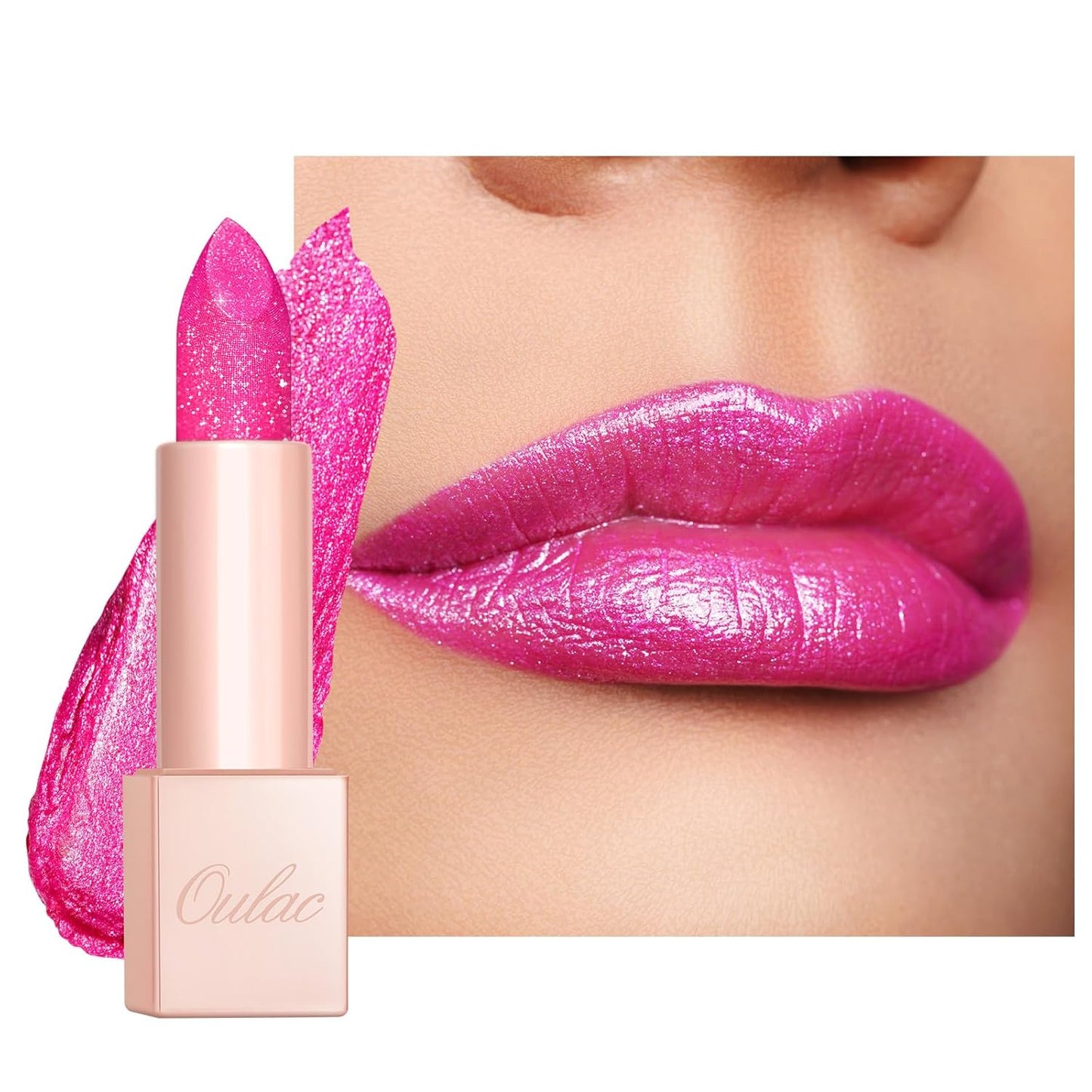 Oulac Pink Shimmer Lipstick for Women, Infinity High Shine Finish, Hydrating Lip Color Infused with Damask Rose Oil for All-Day Comfort, Gluten-Free Vegan Beauty, D02 Sparkle Sensation