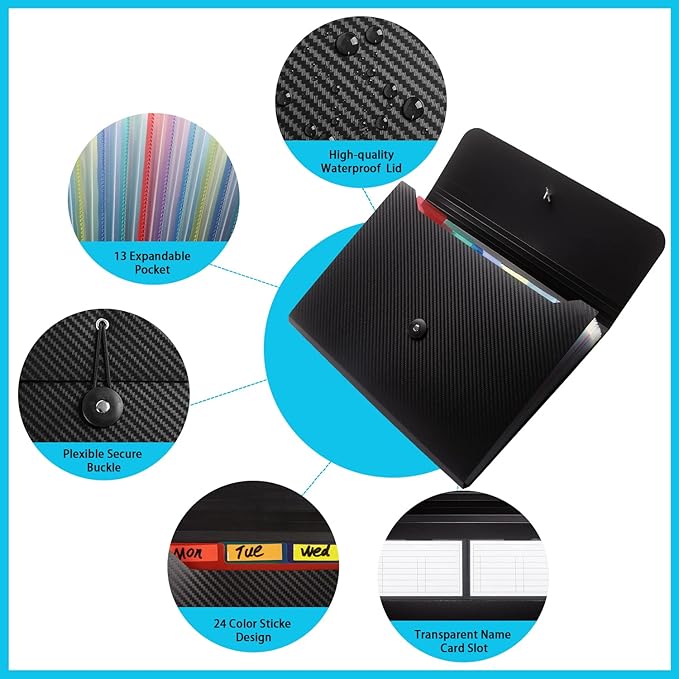Nicfaec Expanding File Folder, 13 Pockets, Black, Polypropylene